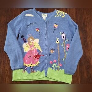 Quacker Factory VTG 90's Gardening Angel Butterfly Embroidered Cardigan Medium